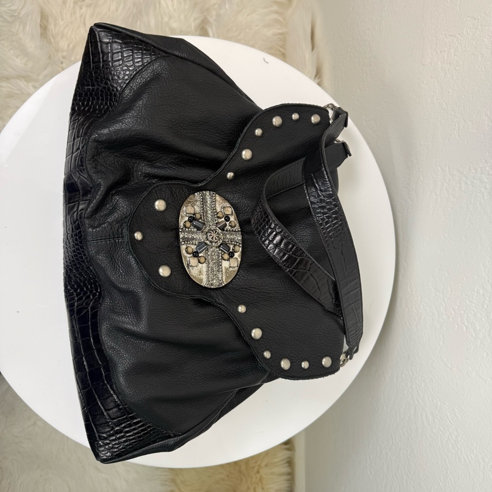 Vintage LEATHEROCK USA Black Pebbled Leather Jewel Studded Rocker Hobo Y2K Biker - Picture 15 of 16